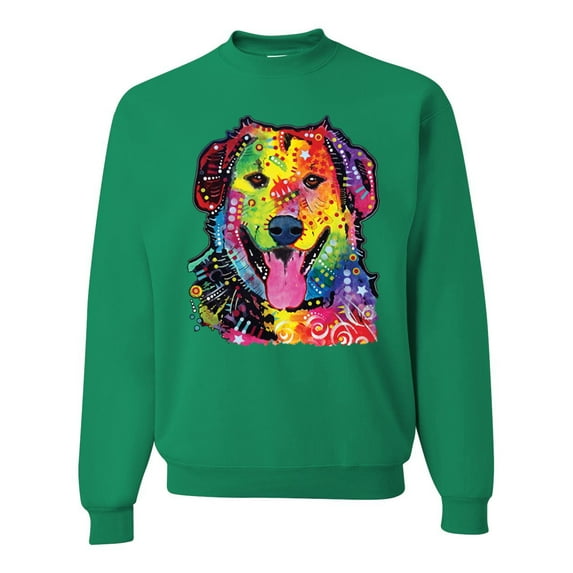 Smiling Dog | Colorful Neon Golden Retreiver | Dean Russo Art Animal Lover Unisex Crewneck Sweatshirt, Kelly, XX-Large