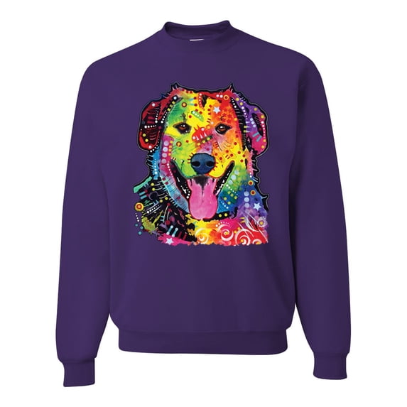 Smiling Dog | Colorful Neon Golden Retreiver | Dean Russo Art Animal Lover Unisex Crewneck Sweatshirt, Purple, 3X-Large