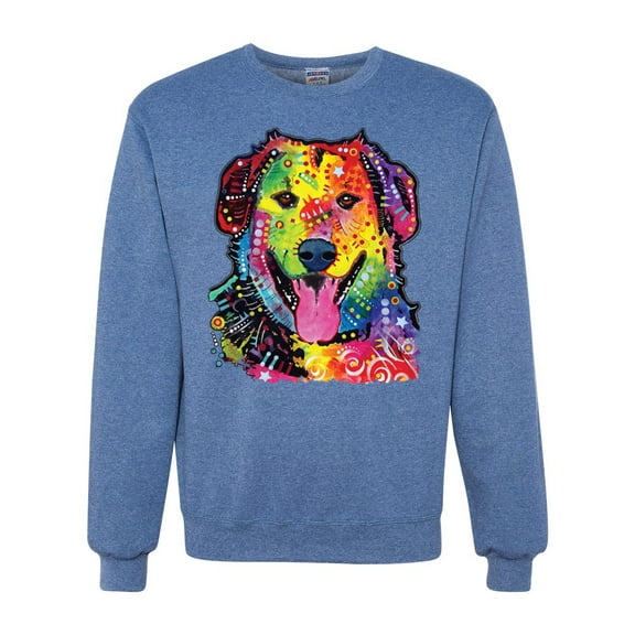 Smiling Dog | Colorful Neon Golden Retreiver | Dean Russo Art Animal Lover Unisex Crewneck Sweatshirt, Vintage Heather Blue, Small