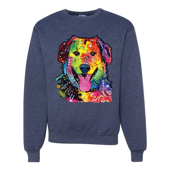 Smiling Dog | Colorful Neon Golden Retreiver | Dean Russo Art Animal Lover Unisex Crewneck Sweatshirt, Vintage Heather Navy, X-Large