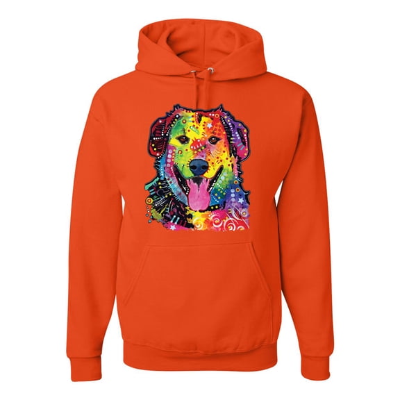 Smiling Dog | Colorful Neon Golden Retreiver | Dean Russo Art Animal Lover Unisex Hoodie Sweatshirt, Orange, Large