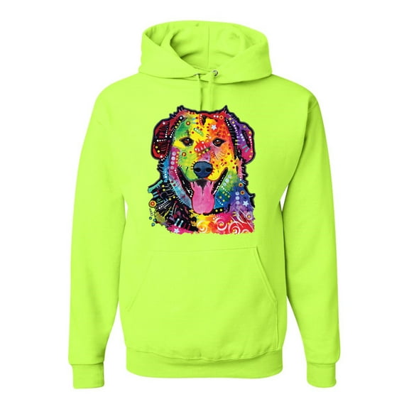 Smiling Dog | Colorful Neon Golden Retreiver | Dean Russo Art Animal Lover Unisex Hoodie Sweatshirt, Safety Green, Large