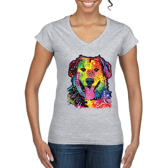 Smiling Dog | Colorful Neon Golden Retreiver | Dean Russo Art Animal Lover Womenâ€™s Standard V-Neck Tee, Heather Grey, Large