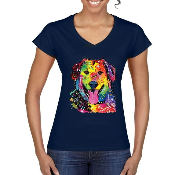 Smiling Dog | Colorful Neon Golden Retreiver | Dean Russo Art Animal Lover Women’s Standard V-Neck Tee, Navy, Medium