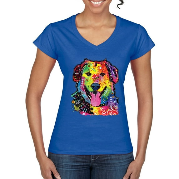 Smiling Dog | Colorful Neon Golden Retreiver | Dean Russo Art Animal Lover Women’s Standard V-Neck Tee, Royal, Large