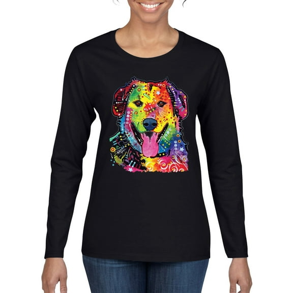 Smiling Dog | Colorful Neon Golden Retreiver | Dean Russo Art Animal Lover Womens Long Sleeve T-Shirt, Black, Small
