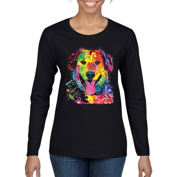 Smiling Dog | Colorful Neon Golden Retreiver | Dean Russo Art Animal Lover Womens Long Sleeve T-Shirt, Black, X-Large