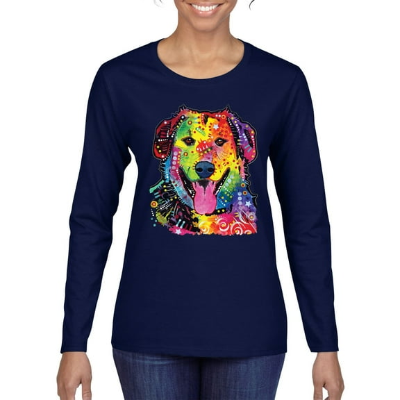 Smiling Dog | Colorful Neon Golden Retreiver | Dean Russo Art Animal Lover Womens Long Sleeve T-Shirt, Navy, X-Large
