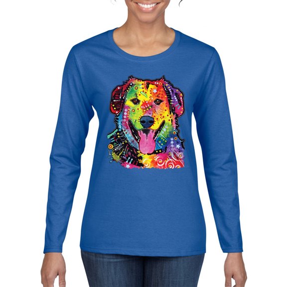 Smiling Dog | Colorful Neon Golden Retreiver | Dean Russo Art Animal Lover Womens Long Sleeve T-Shirt, Royal, Medium