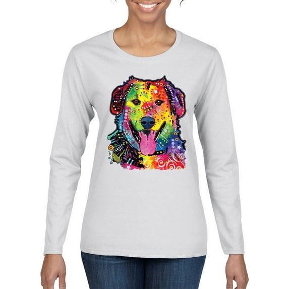 Smiling Dog | Colorful Neon Golden Retreiver | Dean Russo Art Animal Lover Womens Long Sleeve T-Shirt, White, Large