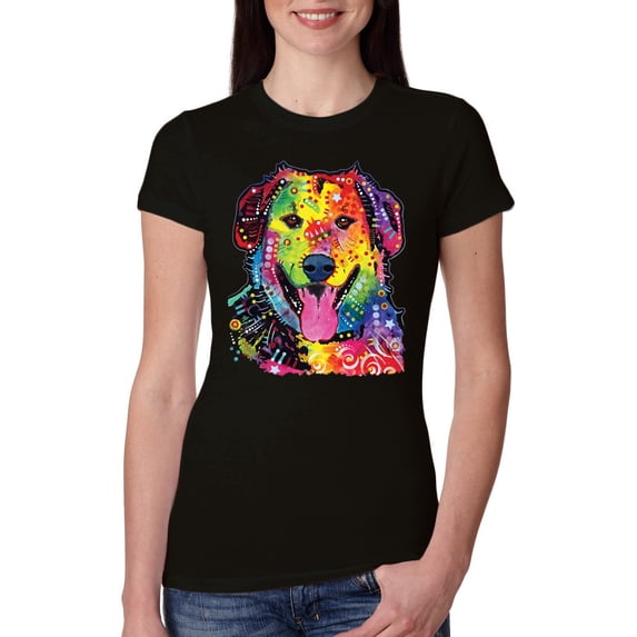 Smiling Dog | Colorful Neon Golden Retreiver | Dean Russo Art Animal Lover Womens Slim Fit Junior Tee, Black, X-Large
