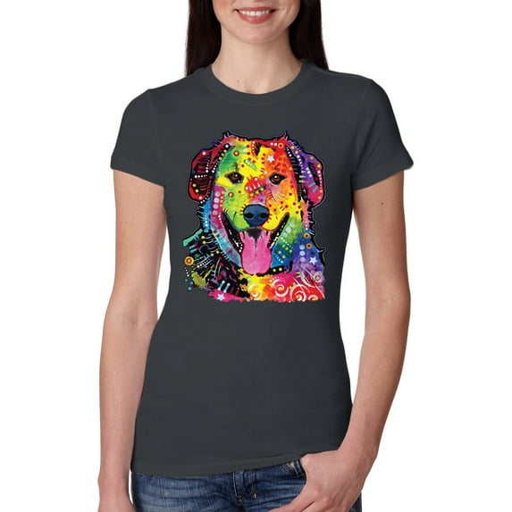Smiling Dog | Colorful Neon Golden Retreiver | Dean Russo Art Animal Lover Womens Slim Fit Junior Tee, Dark Grey, Large