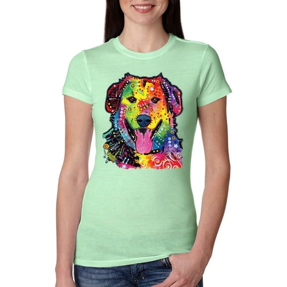 Smiling Dog | Colorful Neon Golden Retreiver | Dean Russo Art Animal Lover Womens Slim Fit Junior Tee, Mint, Small