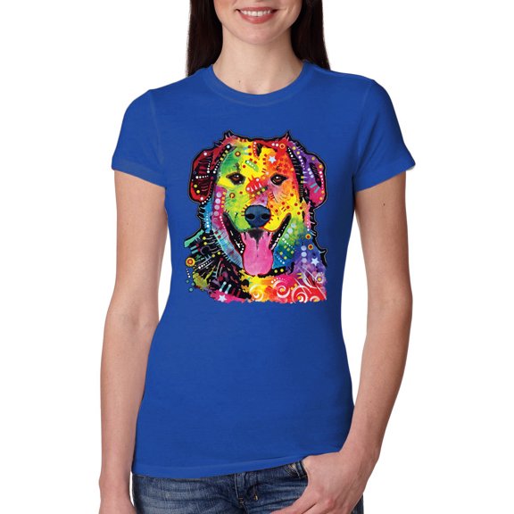 Smiling Dog | Colorful Neon Golden Retreiver | Dean Russo Art Animal Lover Womens Slim Fit Junior Tee, Royal, XX-Large