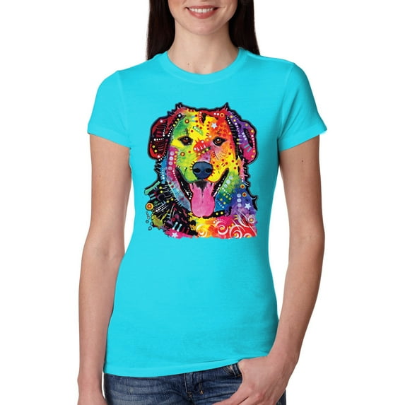 Smiling Dog | Colorful Neon Golden Retreiver | Dean Russo Art Animal Lover Womens Slim Fit Junior Tee, Tahiti Blue, Medium