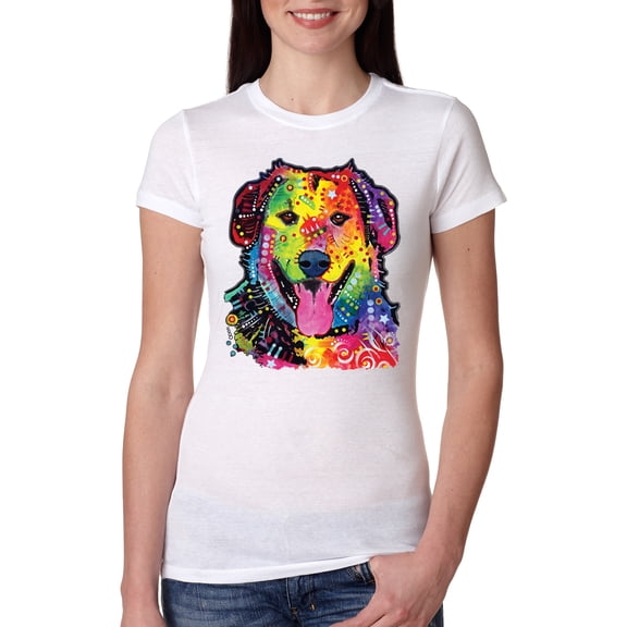 Smiling Dog | Colorful Neon Golden Retreiver | Dean Russo Art Animal Lover Womens Slim Fit Junior Tee, White, XX-Large