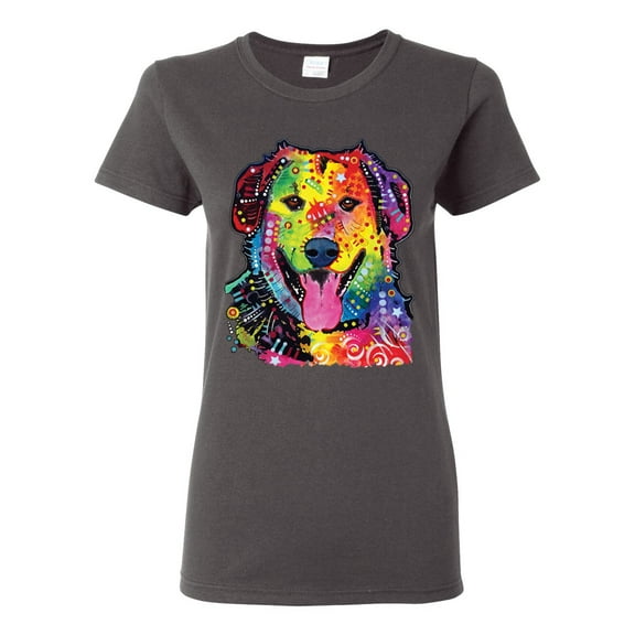 Smiling Dog | Colorful Neon Golden Retreiver | Dean Russo Art Animal Lover Womens T-Shirt, Charcoal, XX-Large