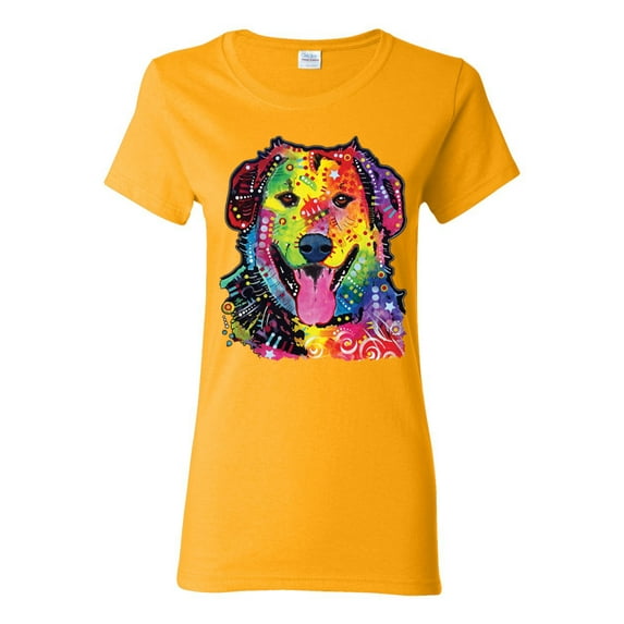 Smiling Dog | Colorful Neon Golden Retreiver | Dean Russo Art Animal Lover Womens T-Shirt, Gold, Medium