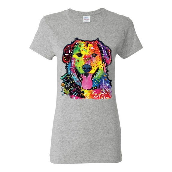 Smiling Dog | Colorful Neon Golden Retreiver | Dean Russo Art Animal Lover Womens T-Shirt, Heather Grey, Large