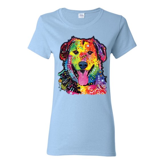 Smiling Dog | Colorful Neon Golden Retreiver | Dean Russo Art Animal Lover Womens T-Shirt, Light Blue, X-Large
