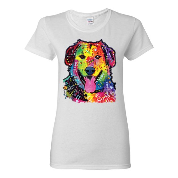 Smiling Dog | Colorful Neon Golden Retreiver | Dean Russo Art Animal Lover Womens T-Shirt, White, Medium