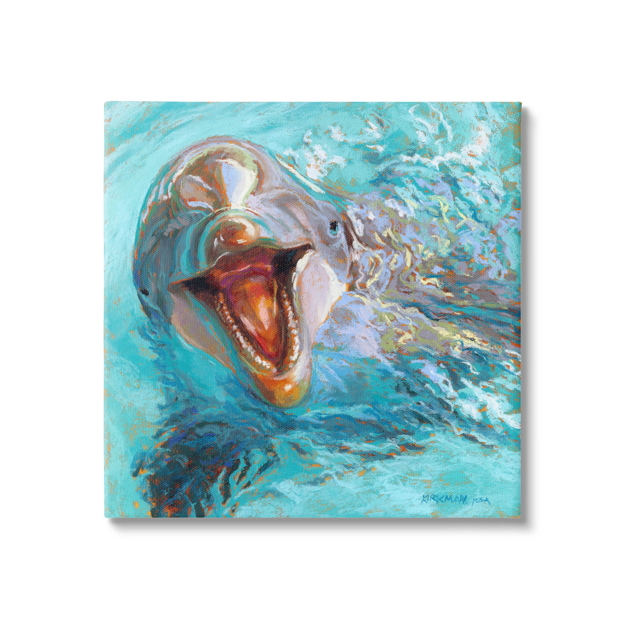 Smiling Dolphin Water Splash Animals & Insects Painting Gallery Wrapped Canvas Print Wall Art