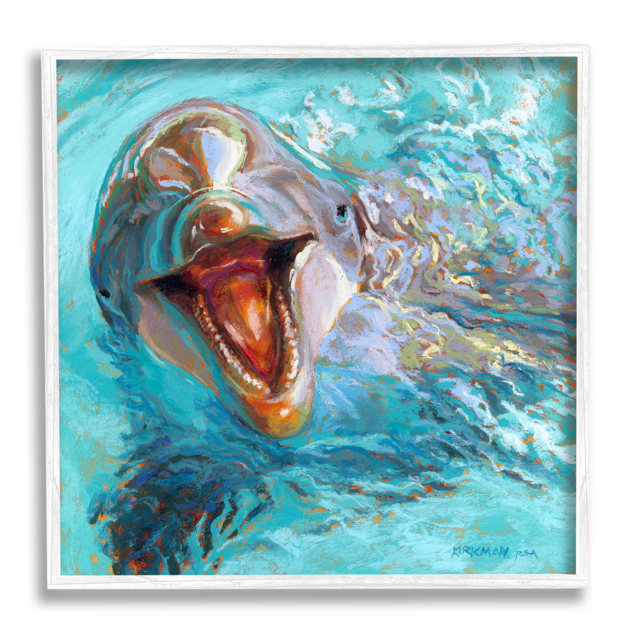 Smiling Dolphin Water Splash Animals & Insects Painting White Framed Art Print Wall Art
