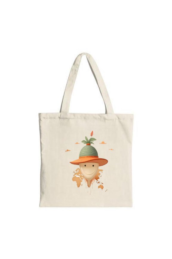 Smiling Egg Tote Bag - Whimsical Design with Green Hat & Orange Flowers World Map Background Perfect for Shopping & Travel