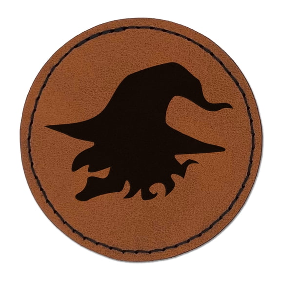 Smiling Evil Witch Head with Hat Halloween 2.5" Faux Leather Round Engraved Iron-On Patch - Brown