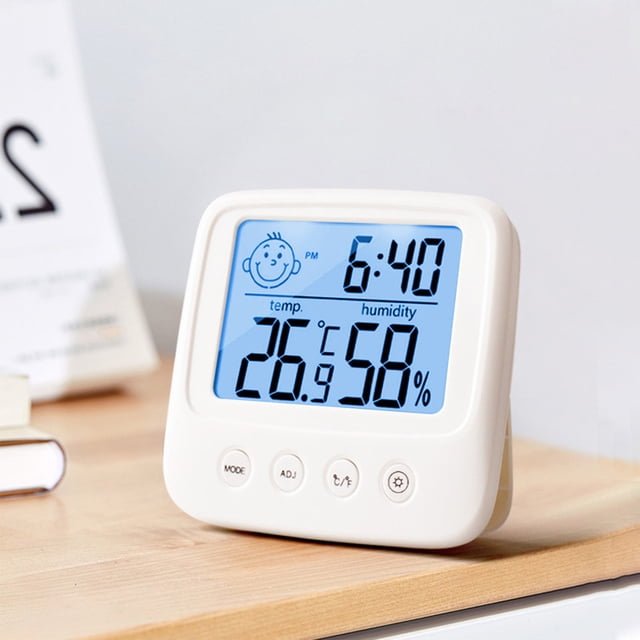 Smiling Face Backlit Indoor Electronic Thermometer Hygrometer with Alarm Clock and Date Ideal ...