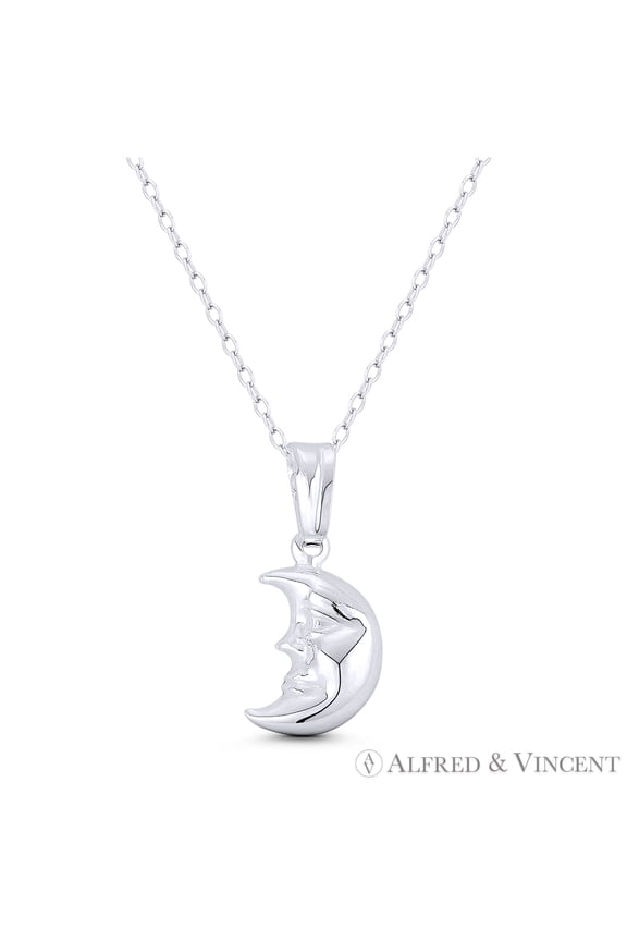 Smiling Face Crescent Moon Astrological Charm 22x10mm (0.9x0.4in) Pendant in .925 Sterling Silver