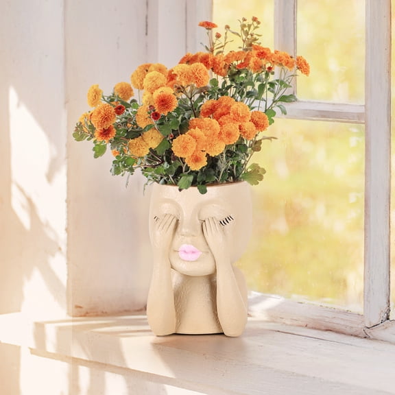 Smiling Face Planter Pot with Hands, 6.8 Inch Resin Decorative Flower Pot for Succulents, Small Plants, Home Decor