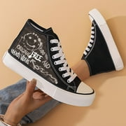 Smiling Face Print High Top Canvas Shoes for  - Lightweight Lace Up Flatforms for Outdoor Walking