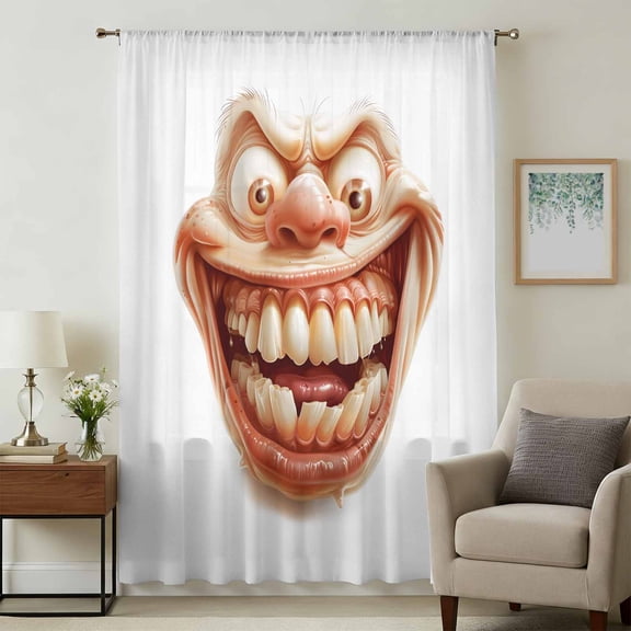 Smiling Face Sheer Curtains 108 Inches Extra Long, Funny Chic Humor Human Minimalism Light Filering Curtains, Privacy Drapes Simi Floor to Veiling Curtain for Living Room Bedroom Window Treatment