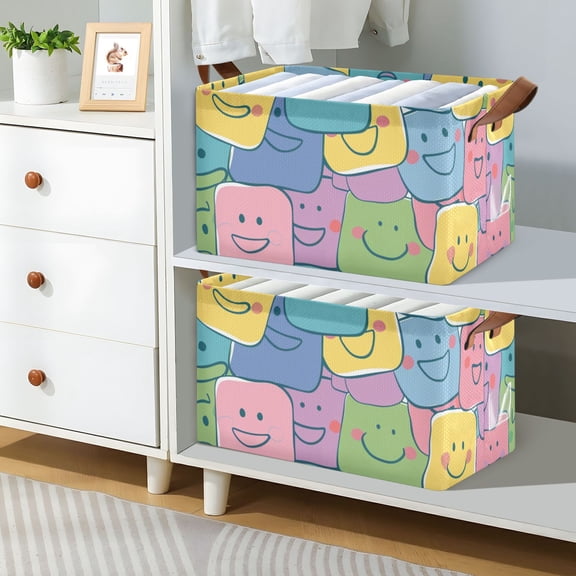 Smiling Faces Foldable Storage Large Fabric Storage Baskets Organizer Storage Bins with Handles for Shelves
