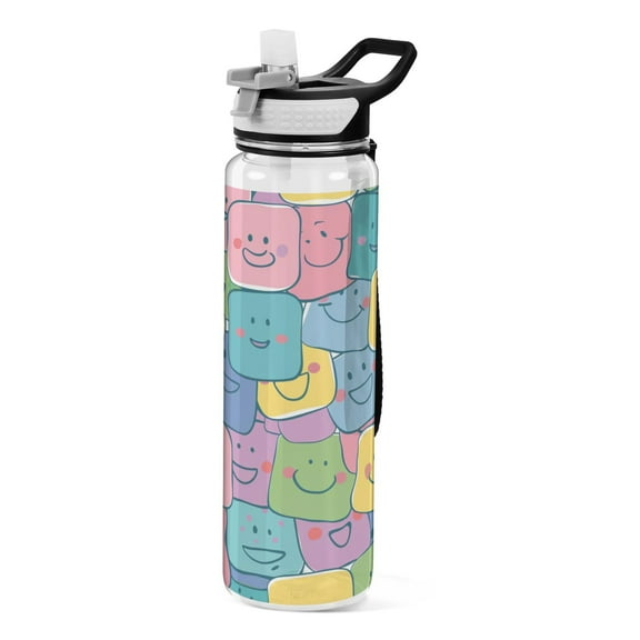 Smiling Faces Sports Water Bottle 32oz with Straw for Kids Travel Mug BPA Free Leak Proof for School