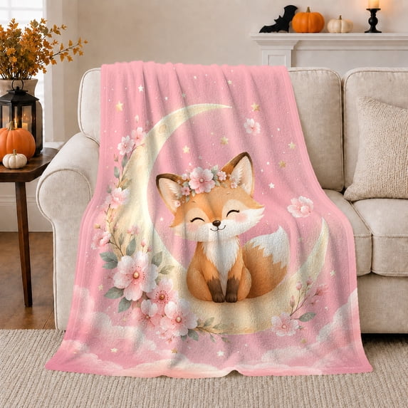 Smiling Fox on Crescent Moon with Pink Flowers, Sweet Whimsical Art for Kids, Starry Woodland Nursery Scene Soft Flannel Blanket, Birthday Gift for Nursery and Bedroom Home Decor
