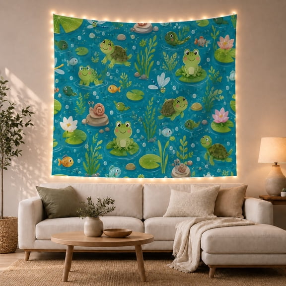 Cartoon Frogs and Pond Animals Tapestry Wall Hanging
