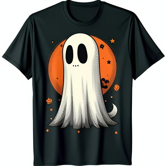 Smiling Ghost Graphic Black T-Shirt with Moon Stars & o Lanterns Halloween Tee