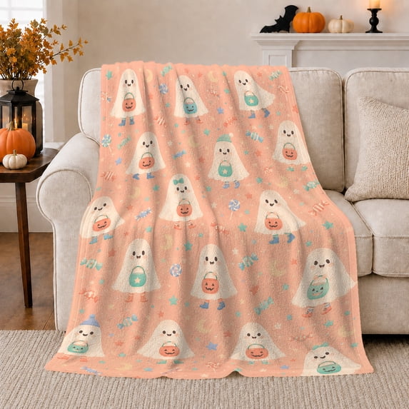 Smiling Ghosts with Candy Buckets on Pink, Playful Whimsical Candy Pattern for Kids, Cozy Flannel Blanket for Playroom and Bedroom, Halloween Gift, Sweet Home Decor