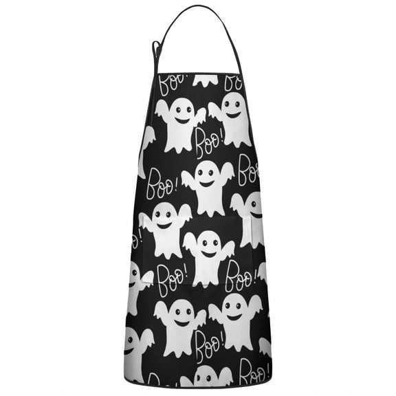 Smiling Ghosts Halloween Pattern Apron-Garden Aprons for Women with Pockets-Cotton Linen Waterproof Kitchen Cooking Gardening Aprons Adjustable for Kitchen,Cooking,BBQ and Salon 33"x27"