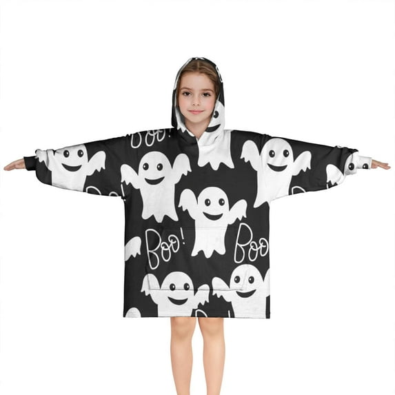 Smiling Ghosts Halloween Pattern Blanket Hoodies for Kids 6-13YR Oversize Wearable Blanket Hoodies for Boys Girls Teens