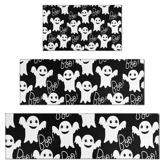 Smiling Ghosts Halloween Pattern Kitchen Rugs Sets Of 3,Kitchen Runner Rugs Non Skid Washable,Decorative Kitchen Floor Mats for Kitchen,Sink,Laundry,17"x30"+ 17"x47" + 17"x59"