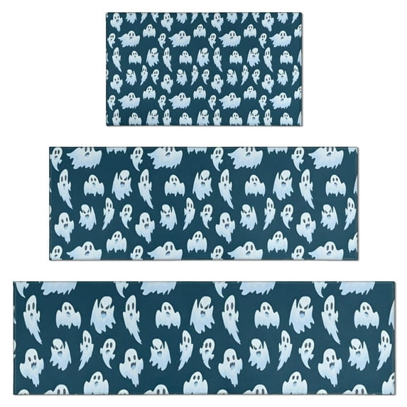 Smiling Ghosts Halloween Pattern Kitchen Rugs Sets Of 3,Kitchen Runner Rugs Non Skid Washable,Decorative Kitchen Floor Mats for Kitchen,Sink,Laundry,17"x30"+ 17"x47" + 17"x59"