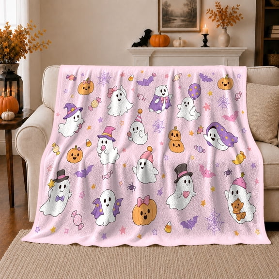 Smiling Ghosts Witch Hats Pumpkins Candy Corn Gentle Whimsical Halloween Pattern Flannel Blanket For Ghost Lovers, Cozy Pink Home Decor For Living Room Reading Nook Halloween Gift