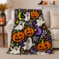 thumbnail image 1 of Smiling Ghosts with Jack O Lanterns and Moons, Checker Star Party Motif Cozy Flannel Blanket, Bright autumn celebration Art for families, 1 of 7
