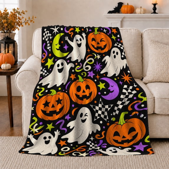 Smiling Ghosts with Jack O Lanterns and Moons, Checker Star Party Motif Cozy Flannel Blanket, Bright autumn celebration Art for families