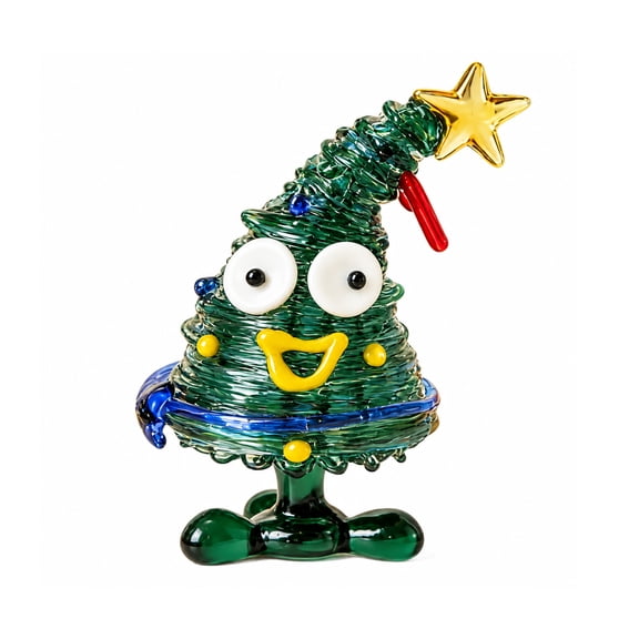 Smiling Glass Christmas Tree Figurine, Cute Big Eye Holiday Tabletop Decor for Desk, Shelf and Mantel, 3.15 in