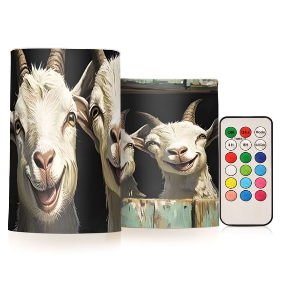 Smiling Goat Flickering Flameless Candles Battery Operated with Remote Timer LED Pillar Candles Set of 2