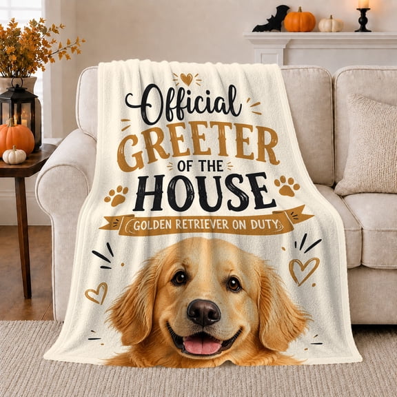 Smiling Golden Retriever Greeter Scene Script Text Playful, Playful Pet Portrait Pattern, Warm Flannel Blanket for Living Room and Reading Nook, Dog Lovers Friendship Gift, Pet Lover Home Decor